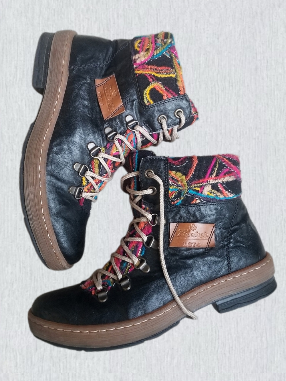 Rieker Felicitas Knit Collar Ankle Boots Black Multicolor Comfort Flat Zip 6.5
